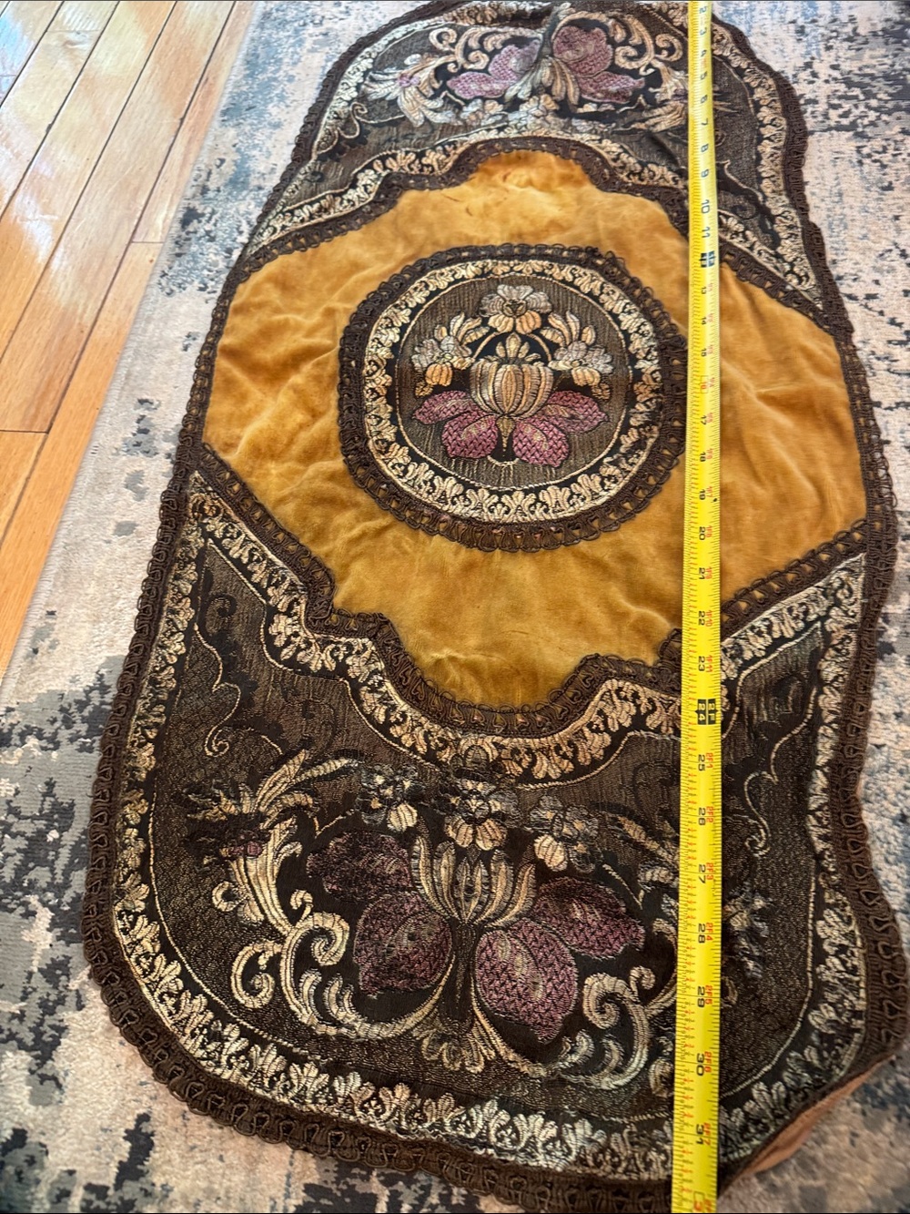 Vintage Embroidered Velvet Table Runner in Mustard and Brown